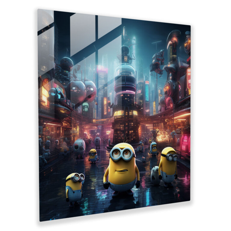 Minions Futuristic Digital Glass Print - Minions, Futuristic Cityscape, Futuristic Digital Artwork, Modern Art