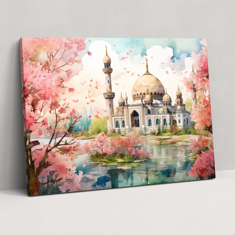Watercolor Mosque Canvas Print - Mosque, Canvas Wall Art, Wall Decoration, Lush Greenery