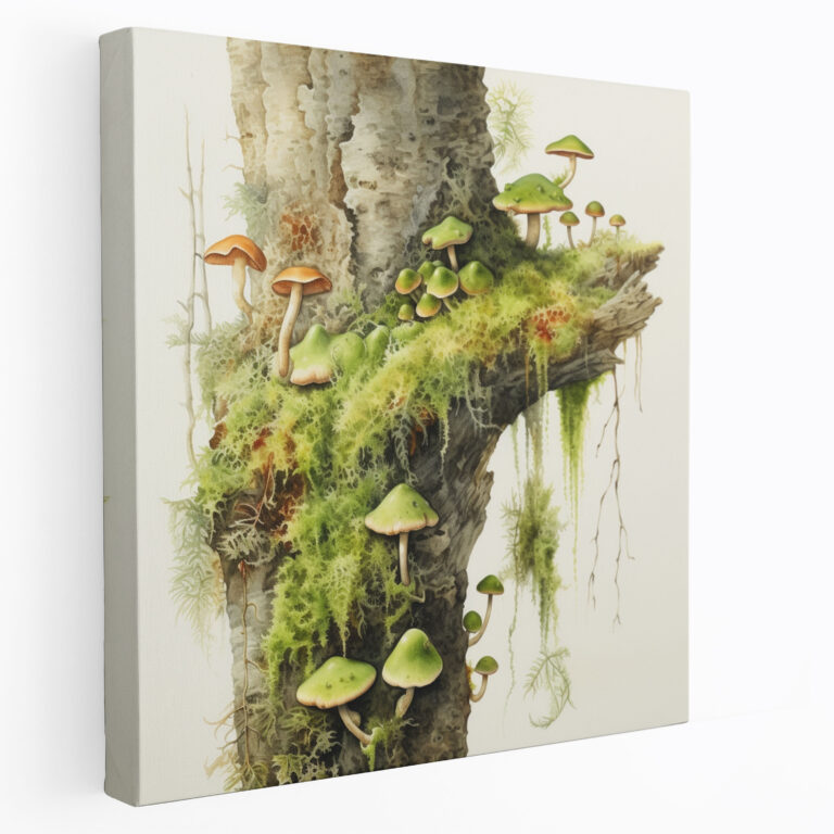 Moss Wall Art - Botanical Illustration Canvas Print - Moss, Gift For Nature Lovers, Moss And Mushrooms, Botanical Illustration