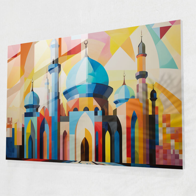 Abstract Mosque Glass Print - Vibrant Geometric Patterns - Mosque, Modern Art, Contemporary Design, Abstract Representation