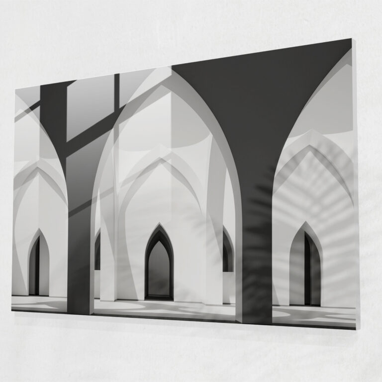 Black And White Mosque Glass Print - Symmetrical Elegance - Mosque, Symmetrical Elegance, Minimalist Design, Architectural Lines