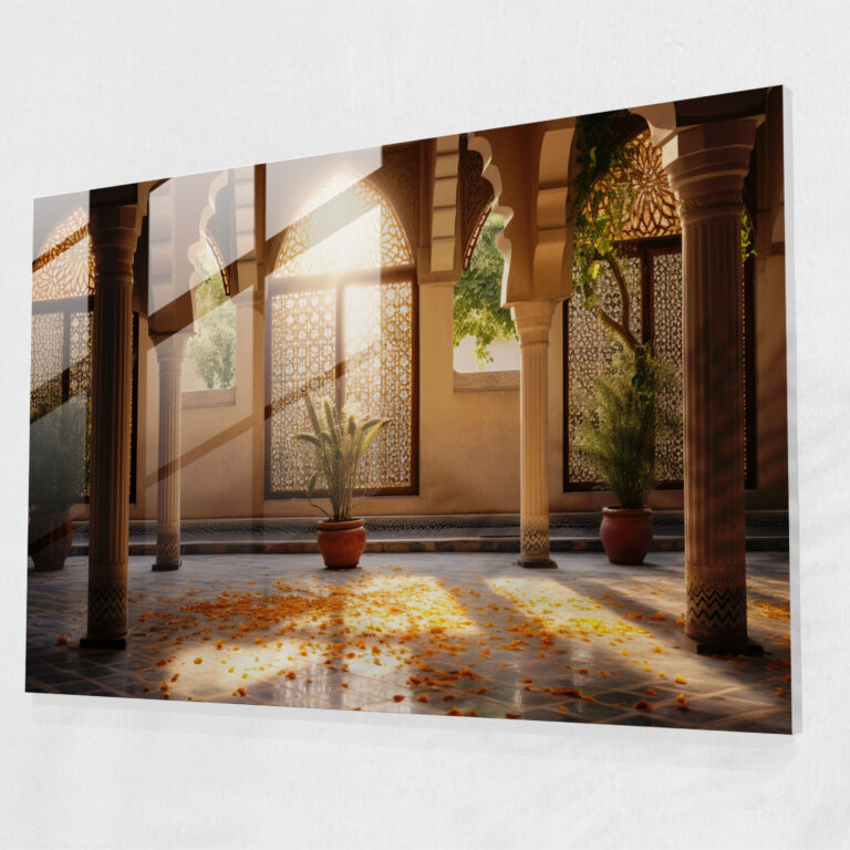 Courtyard Mosque Glass Wall Decoration - Mosque, Modern Art, Arched Corridors, Tranquil Ambiance