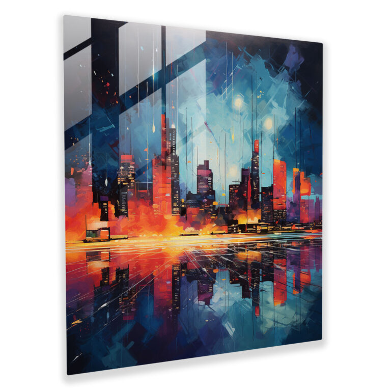 Ethereal Articulated Glass Print: Abstract Oil Painting of Vibrant City Skyline at Night with Surrealistic Elements - Glass Wall Art, Home Decoration, Wall Decor, Glass Art, Modern Artwork