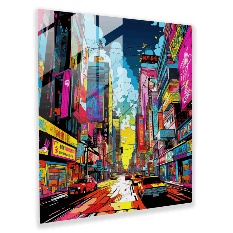 Urban Burst Glass Print: Pop Art Illustration of Dynamic Cityscape with Bold Colors and Comic Book Influences, Celebrating Urban Culture - Glass Wall Art, Home Decoration, Wall Decor, Glass Art, Modern Artwork