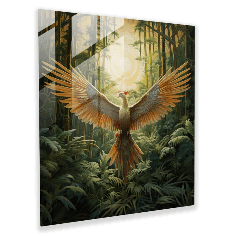 Phoenix Symphony Glass Print - Surreal Phoenix Bamboo Forest Glass Wall Art Home Decoration