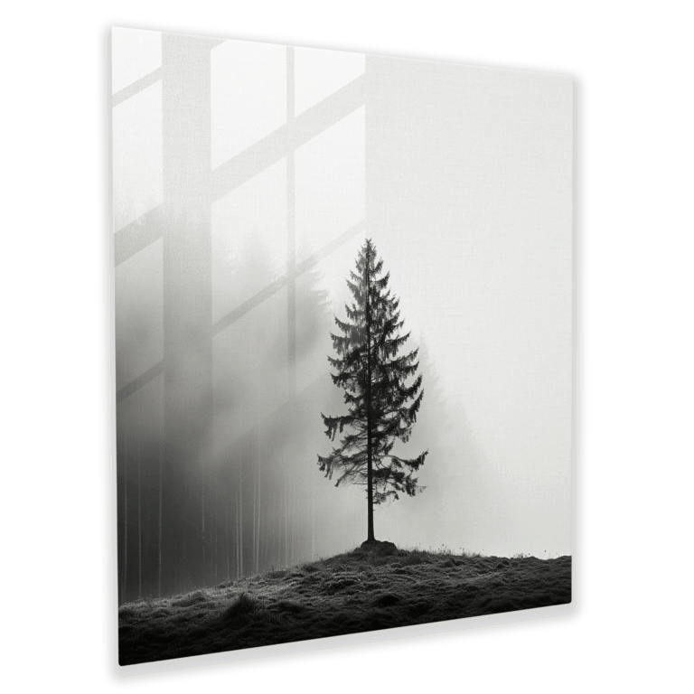 Minimalistic Glass Print - Solitary Tree in Misty Forest - Modern Black and White Glass Wall Art