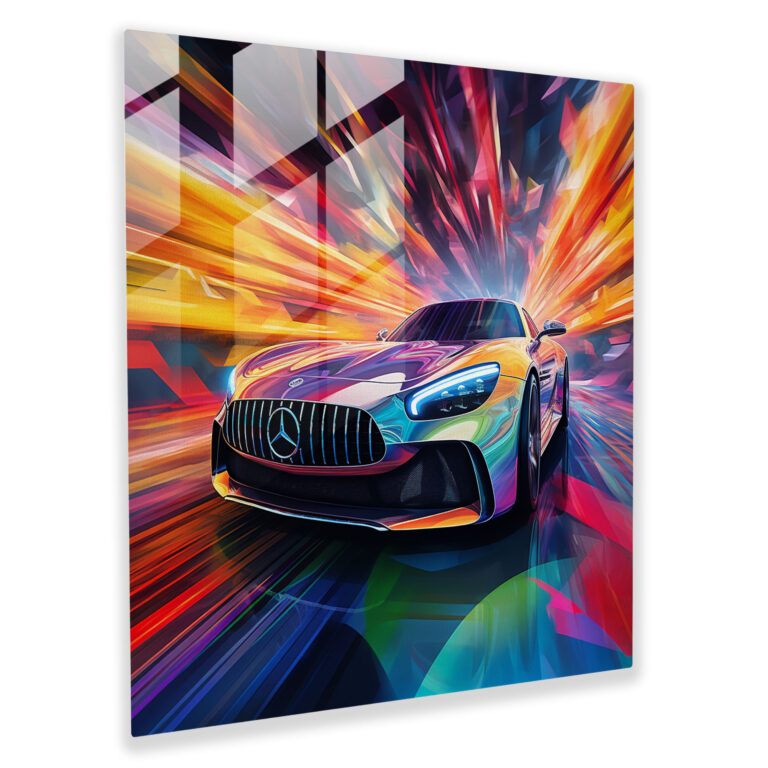 Futuristic Mercedes Glass Print - Mercedes, Vibrant Background, Futuristic Vehicle, Digital Artwork