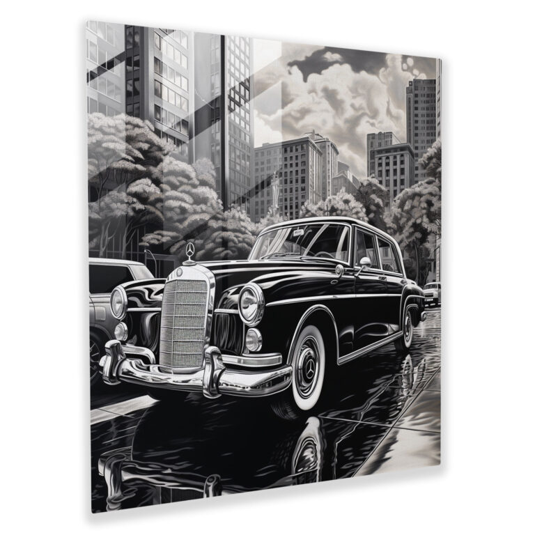 Mercedes Glass Print - Classic Black And White Painting - Mercedes, Luxurious Car, Glass Art, Cityscape