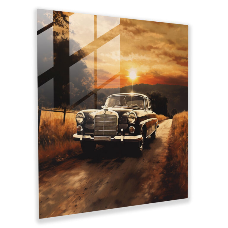 Mercedes Glass Print - Impressionist Sunset And Car - Mercedes, Glass Wall Art, Sunset Scenery, Modern Art