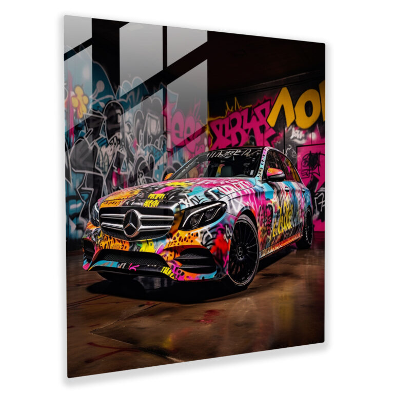 Graffiti Mercedes Glass Print - Mercedes, Urban Tags, Modern Art, Vibrant Representation