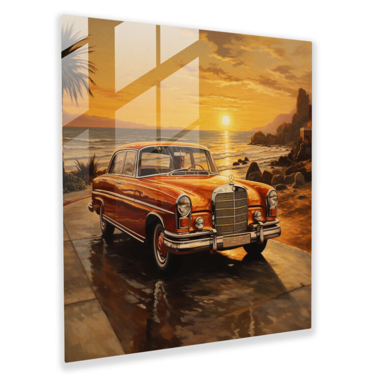 Golden Sunset Drive - Glass Wall Art - Mercedes, Glass Print, Golden, Modern Art