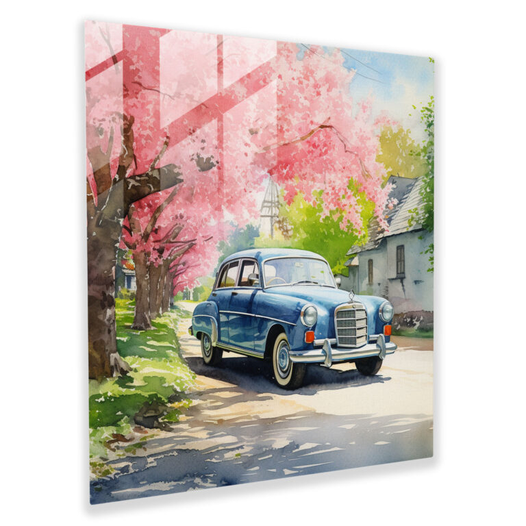 Cherry Blossom Drive - Glass Wall Art - Mercedes, Home Decoration, Cherry Blossom Tree, Watercolor Painting