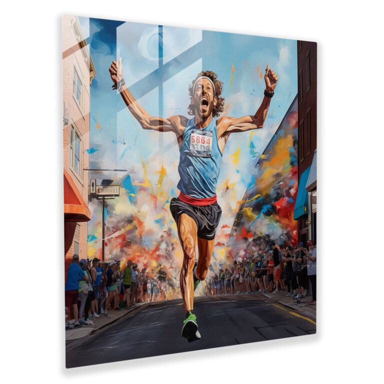 Motivational Glass Wall Art - Marathon Triumph - Motivational, Finish Line, Marathon Runner, Mural