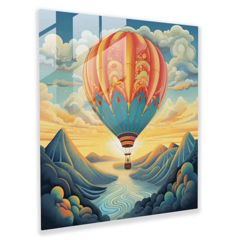 Motivational Glass Wall Art - Soaring Hot Air Balloon - Motivational, Whimsical Illustration, Glass Wall Art, Wall Decoration