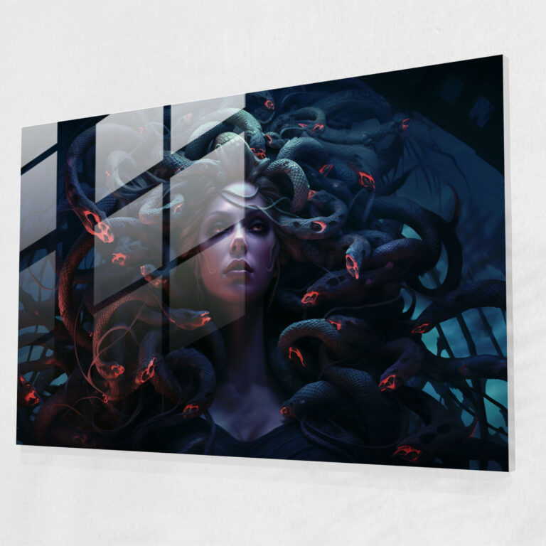 Mythology Glass Print: Medusa's Mysterious Aura - Mythology, Mythology, Home Decoration, Hair
