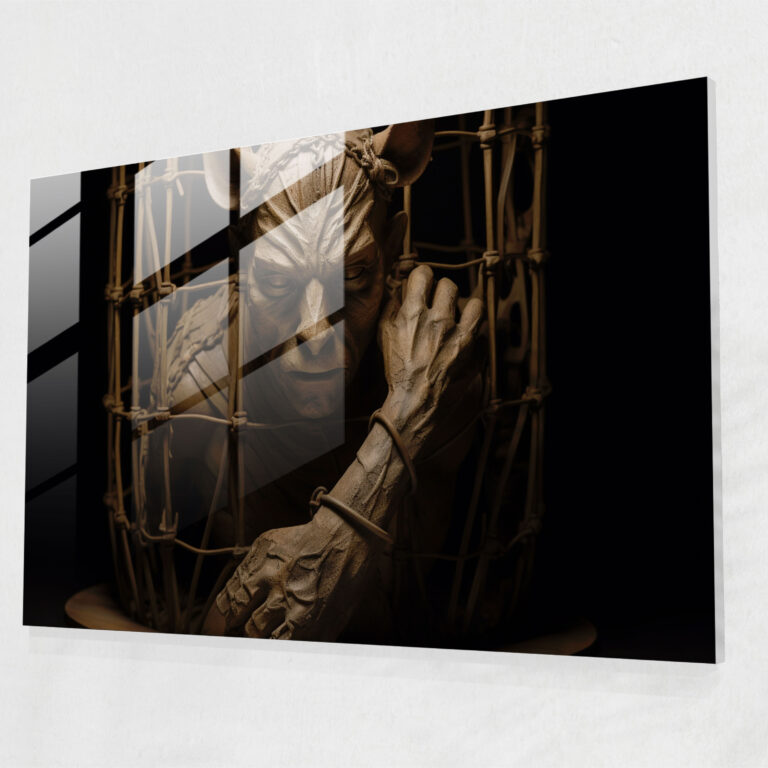 Mythology Glass Print: Minotaur's Mysterious Labyrinth - Mythology, Mythology, Enigma, Sculpture