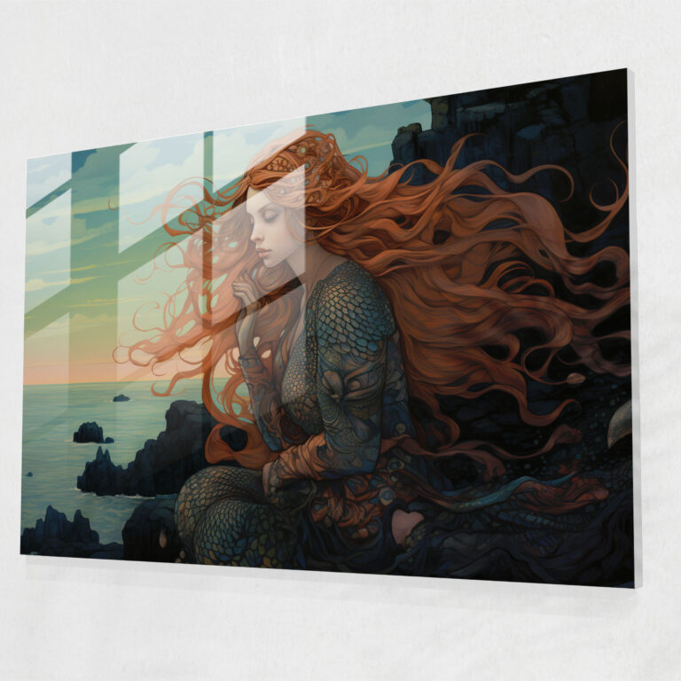 Mythology Glass Print - Art Nouveau Mermaid - Mythology, Art Nouveau Illustration, Wall Decoration, Mythology Glass Print