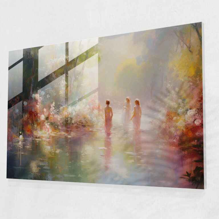 Mythology Glass Print - Sun-Drenched Nymphs And Fauns - Mythology, Impressionist Painting, Sun-Drenched Landscape, Mythology Glass Print