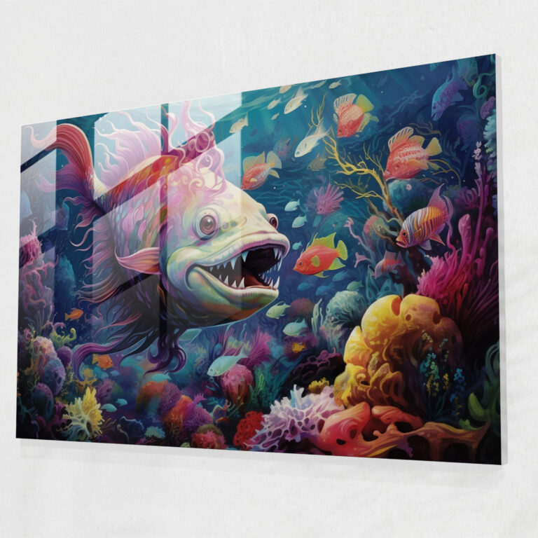 Underwater Mythology Glass Print - Mythology, Vibrant Underwater World, Mystery, Mythical Sea Creatures