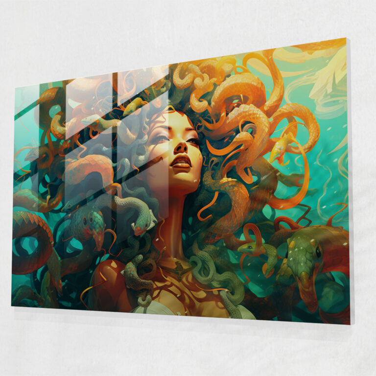Mythology Glass Print: Medusa's Surreal Serpents - Mythology, Glass Print, Glass Art, Medusa