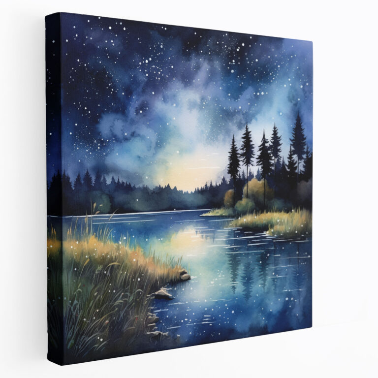 Navy Blue Night Sky Canvas Print - Navy, Serenity, Home Decoration, Tranquil Lake