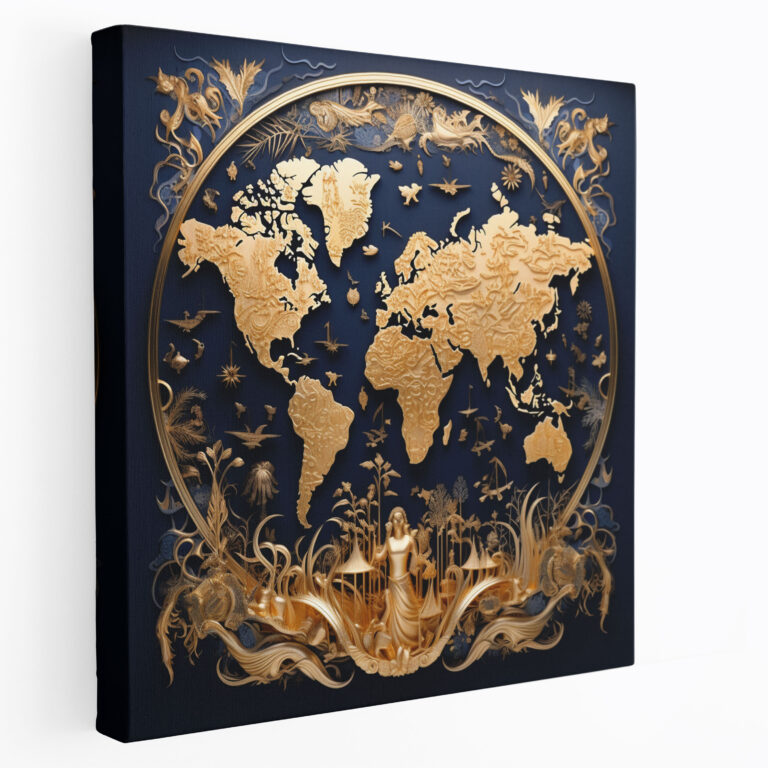 Navy World Map Canvas Print - Navy, World Map, Canvas Print, Golden Highlights