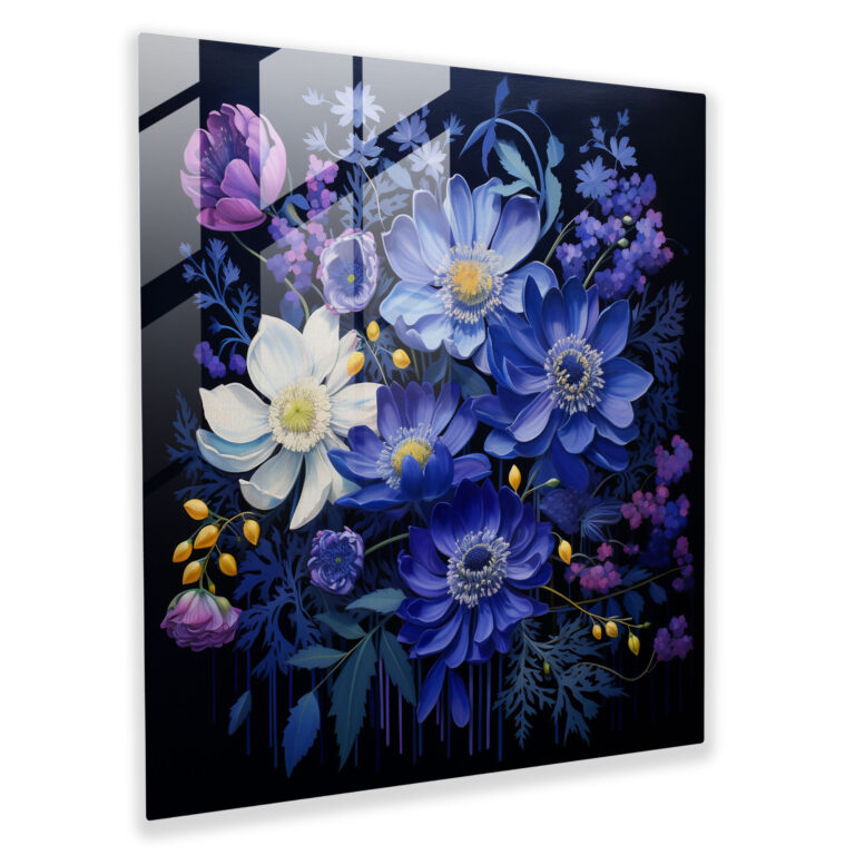Navy Floral Glass Print - Navy, Wall Decoration, Contemporary Floral Painting, Modern Art