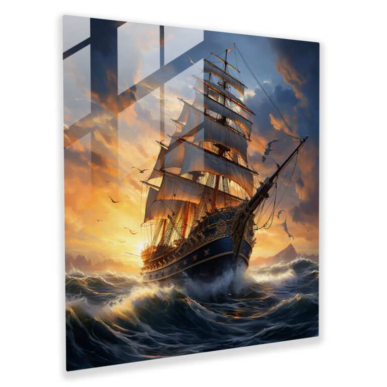Navy Glass Wall Art - Majestic Ship On Rough Waters - Navy, Modern Art, Navy Art, Wall Decoration