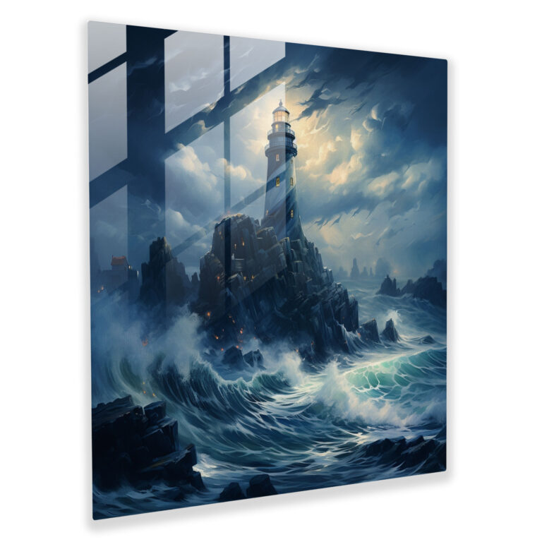 Navy Glass Print - Modern Lighthouse On Rocky Cliff - Navy, Navy Glass Print, Home Decoration, Wall Decoration