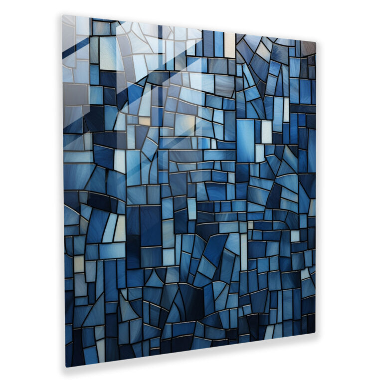 Navy Geometric Mosaic Glass Print - Navy, Stained Glass Window, Home Decoration, Glass Wall Art
