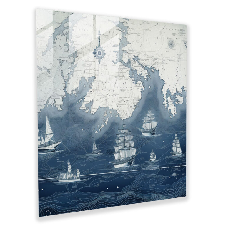 Navy Nautical Map Glass Wall Art - Navy, Glass Art, Home Decoration, Wall Decoration