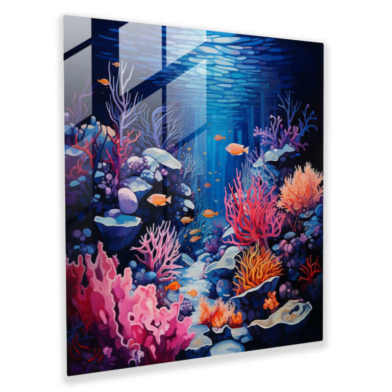 Vibrant Coral Reef Glass Print - Navy, Navy, Wall Decoration, Home Decoration