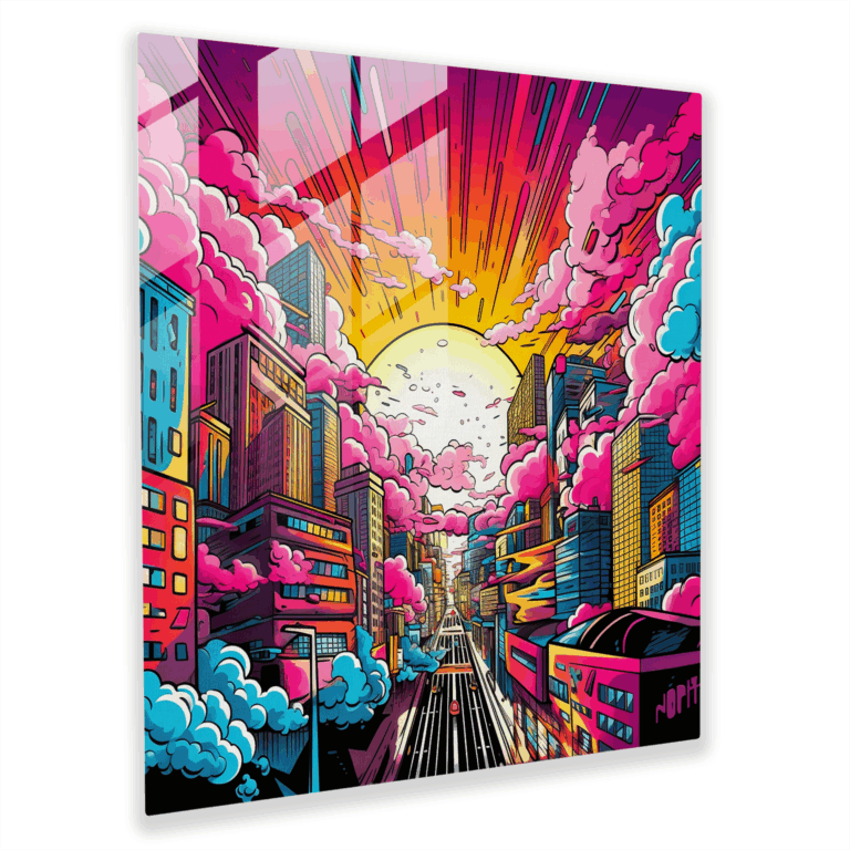 Pop Art Glass Print: Energetic Cityscape with Bold Comic-Style Characters