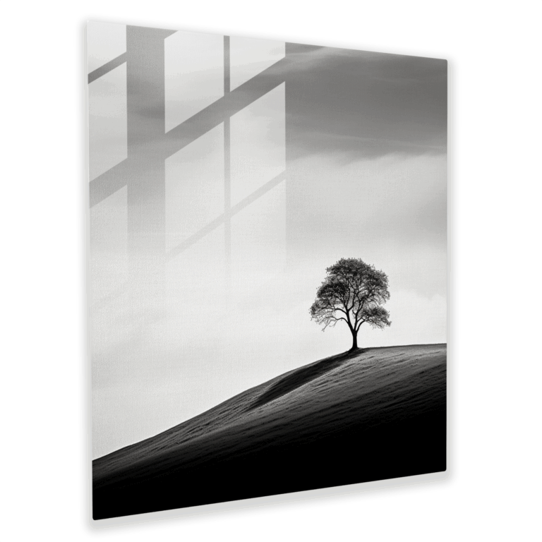 Serenity in Monochrome Glass Print: Solitary Stillness