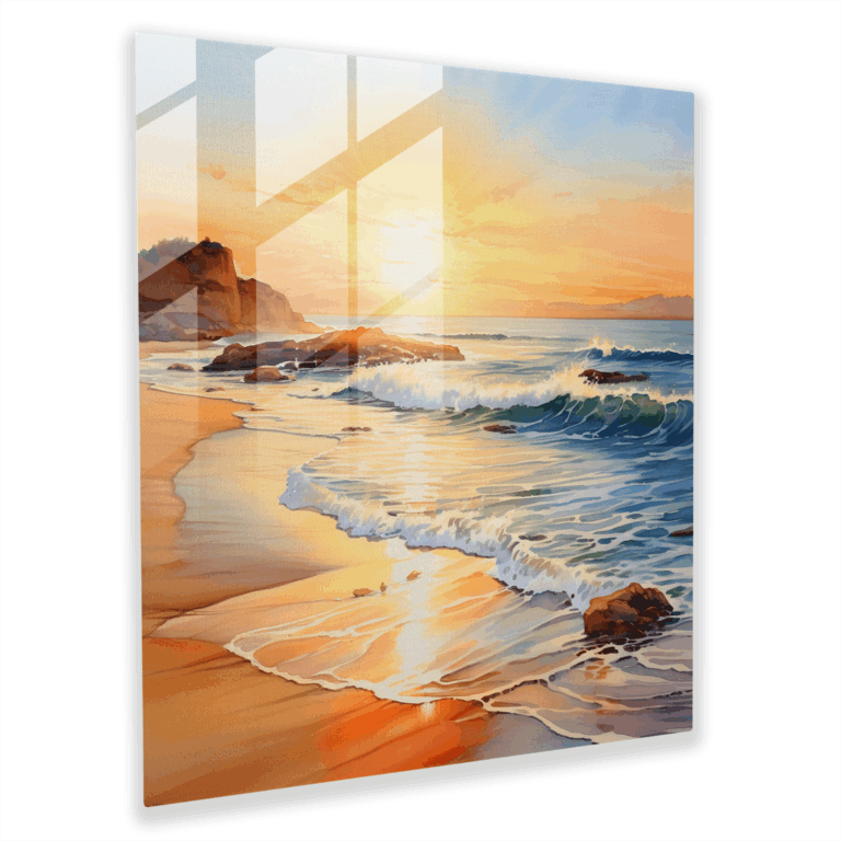 Tranquil Glass Print - Watercolor Seaside Sunset Glass Wall Art