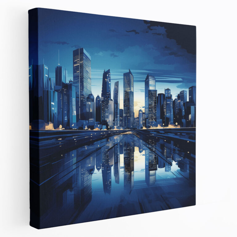 Navy Blue Canvas Print - Digital Cityscape Illustration - Wall Art - Navy Blue, Skyscrapers, Canvas, Wall Art