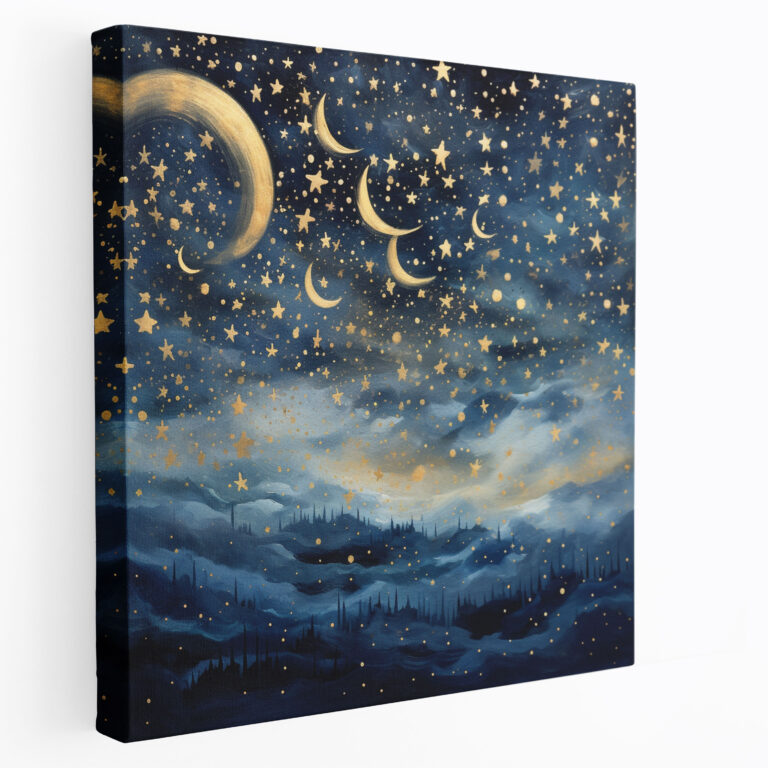 Impressionist Navy Blue Night Sky Wall Art - Navy Blue, Night Sky Stars Crescent Moon, Canvas Wall Art, Canvas