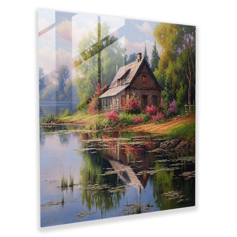 Tranquil Cottage Glass Print - Lakeside Scene - Nostalgia, Tranquility, Glass Print, Glass Art
