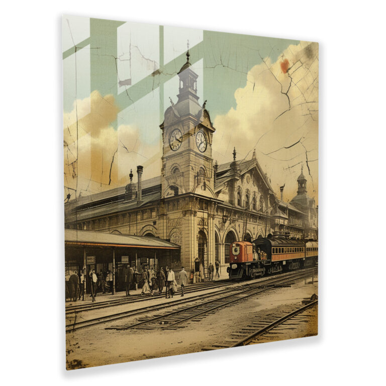 Vintage Train Station Glass Print - Postcard Vibes - Nostalgia, Wonder, Wall Decoration, Adventure