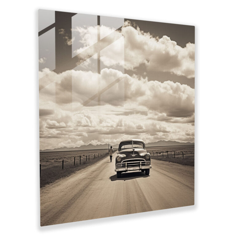 Adventurous Ride Glass Print - Vintage Car - Nostalgia, Thrill, Black And White Photograph, Wall Decoration