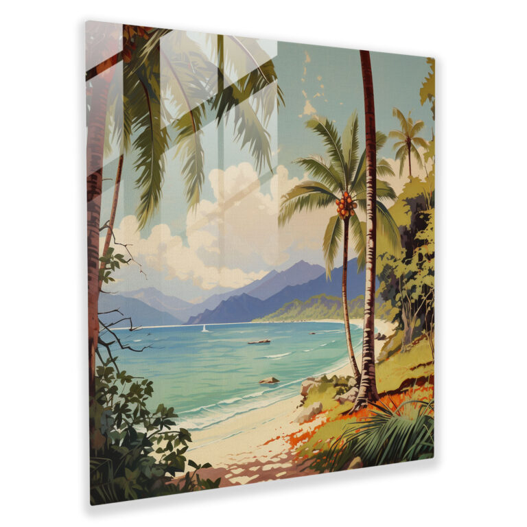 Tropical Getaway Glass Print - Vintage Travel Poster - Nostalgia, Tranquil, Wanderlust, Glass Wall Art