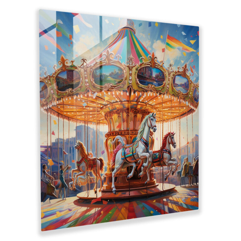 Whimsical Carousel Glass Print - Nostalgia, Joyful Riders, Vintage-Inspired Painting, Home Decoration