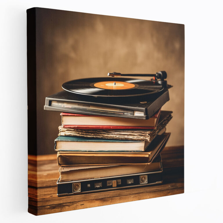 Nostalgia Canvas Print - Stack Of Vinyl Records With Vintage Turntable - Nostalgia, Old School Stack, Home Decoration, Vintage Turntable