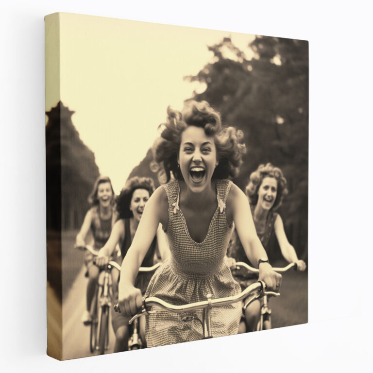 Nostalgia Vintage Black And White Canvas Print - Group Of Friends Bicycling - Nostalgia, Nostalgia, Black And White, Vintage
