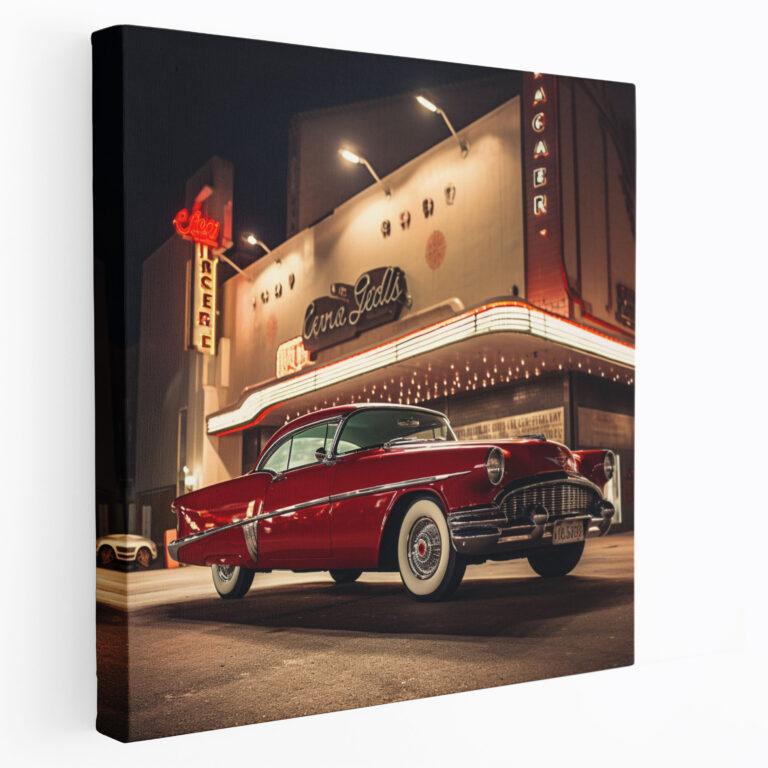 Nostalgia Retro-Style Photograph Canvas Print - Classic Car And Vintage Movie Theater - Nostalgia, Wall Art, Cinematic Nostalgia, Photograph