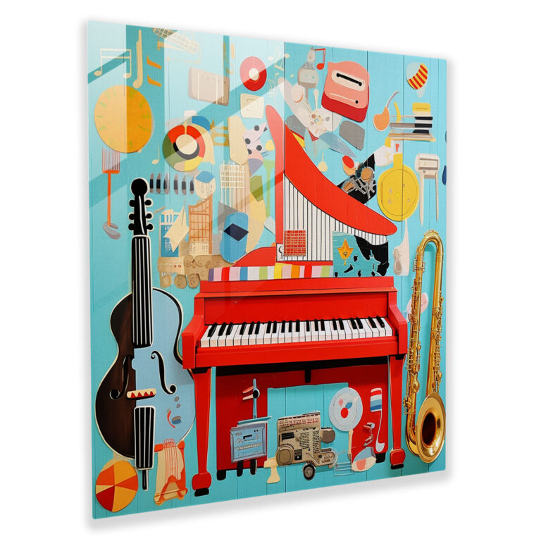 Musical Pop Art Nursery Glass Print - Nursery, Pop Art Collage, Music Theme, Vibrant Instruments