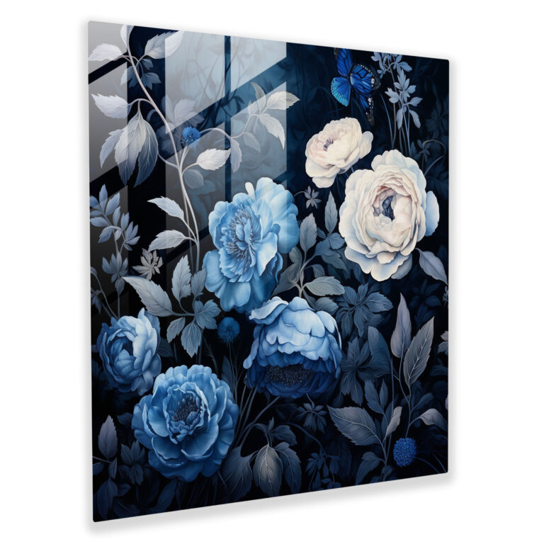 Navy Blue Floral Glass Print - Navy Blue, Navy Blue, Flowers, Modern Art