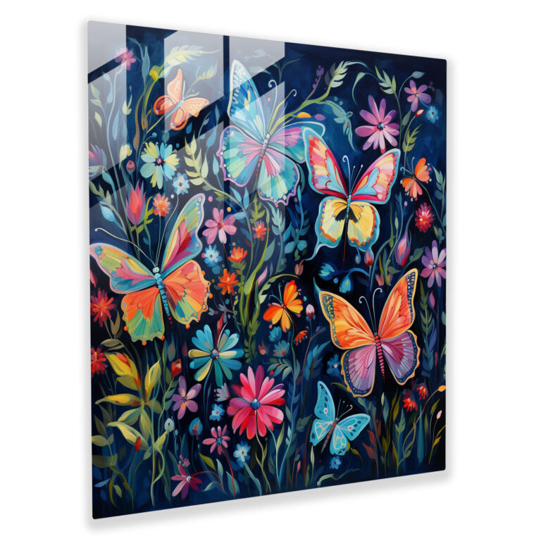 Navy Blue Butterfly Glass Print - Navy Blue, Flowers, Modern Art, Butterflies