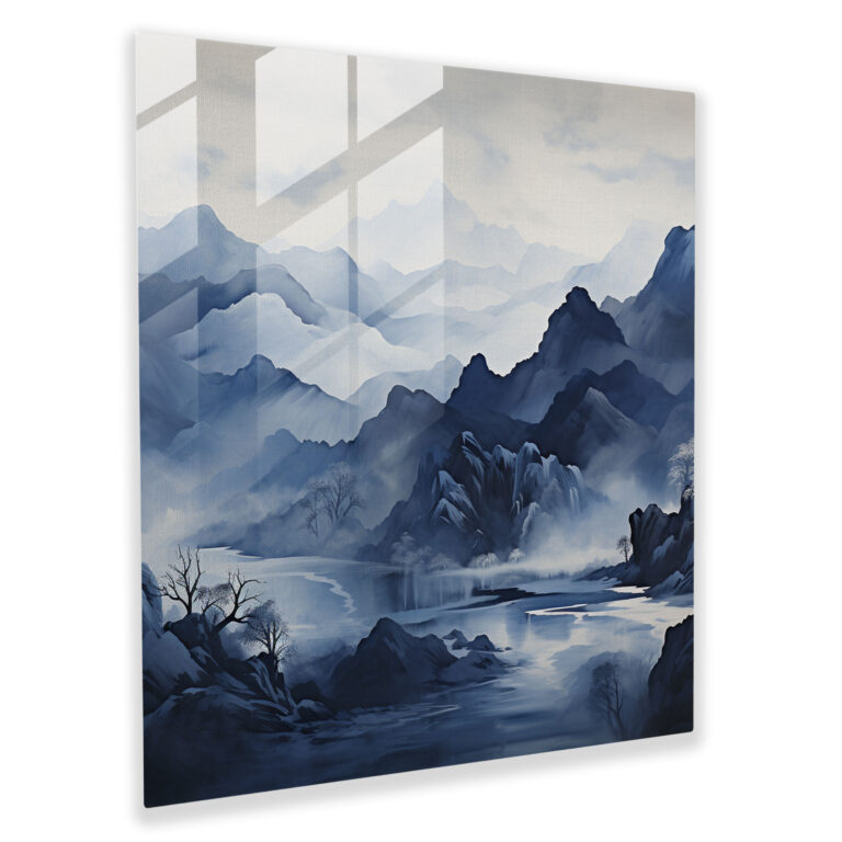 Navy Blue Mountain Glass Print - Navy Blue, Home Decoration, Navy Blue, Glass Art