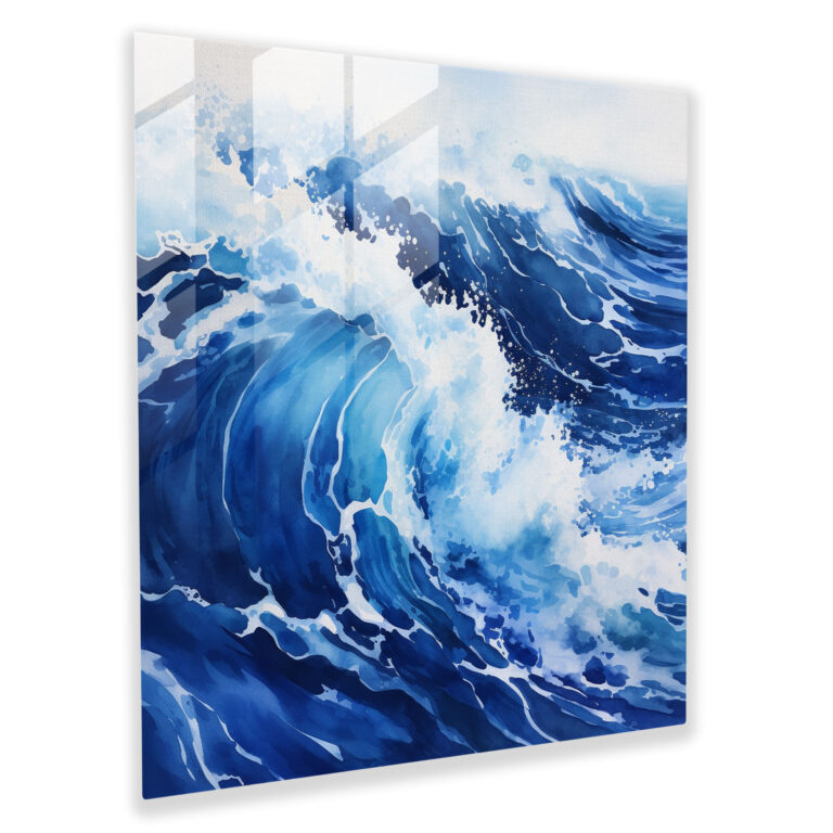 Navy Blue Watercolor Waves Glass Print - Navy Blue, Shore, Glass Wall Art, Home Decoration